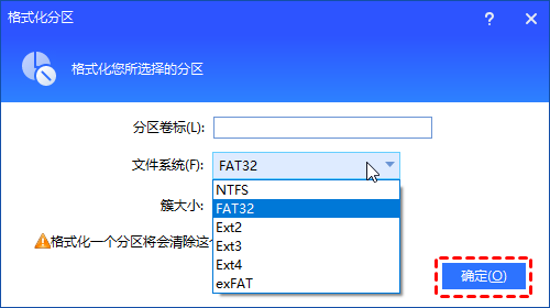 选择您想要格式化为的文件系统类型